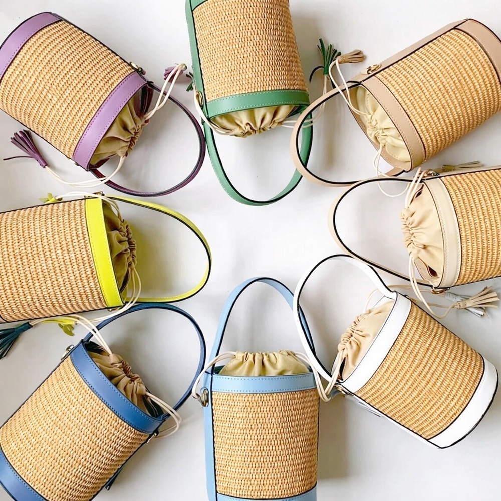 Colores Collective Italian Leather Straw Bucket Bag Green Crossbody